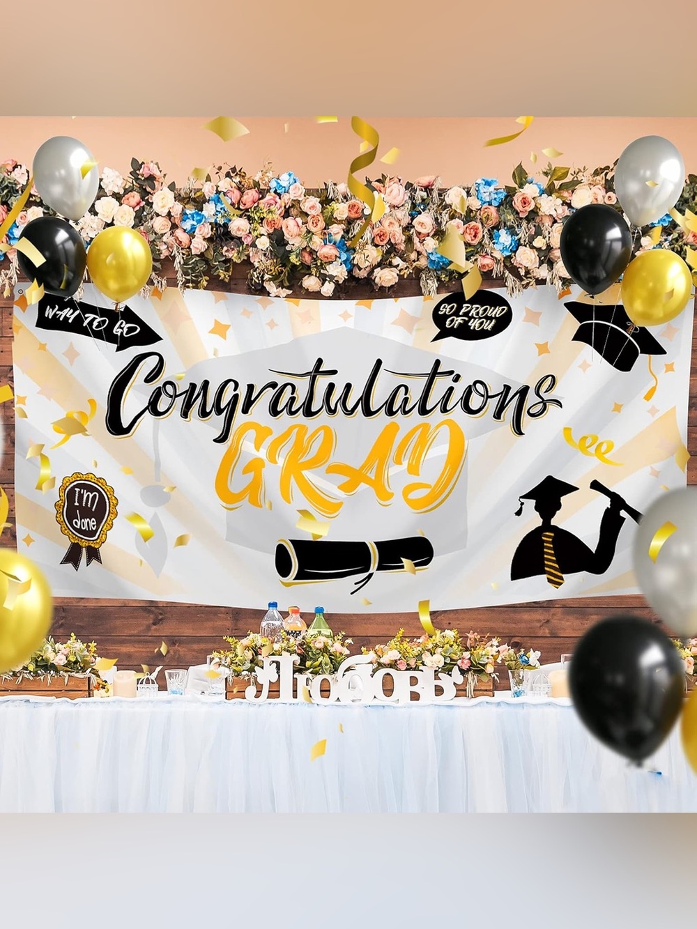 Congratulations Grad Banner - White, Orange, Black Party Decor